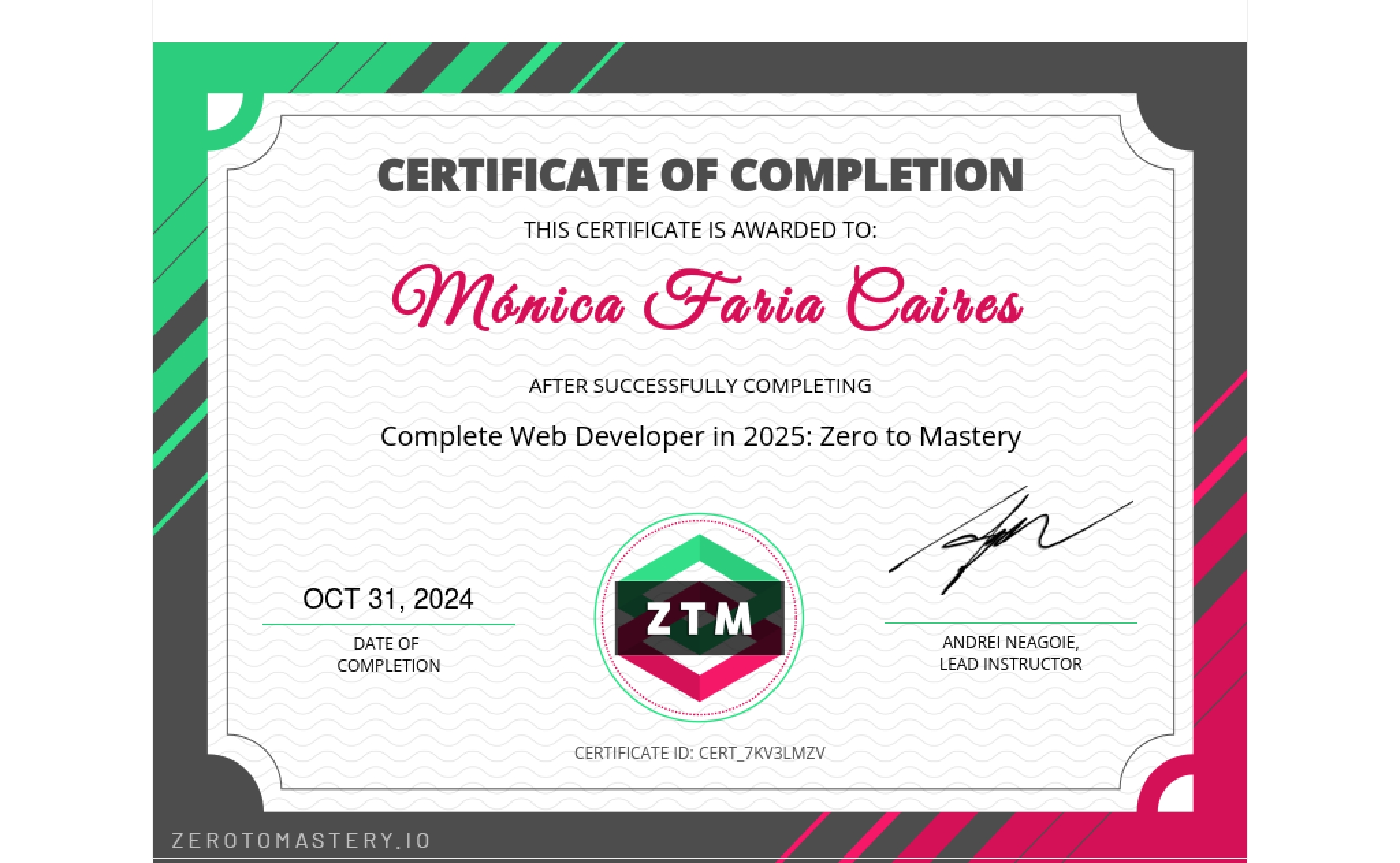 The Complete Web Developer in 2024 certificate